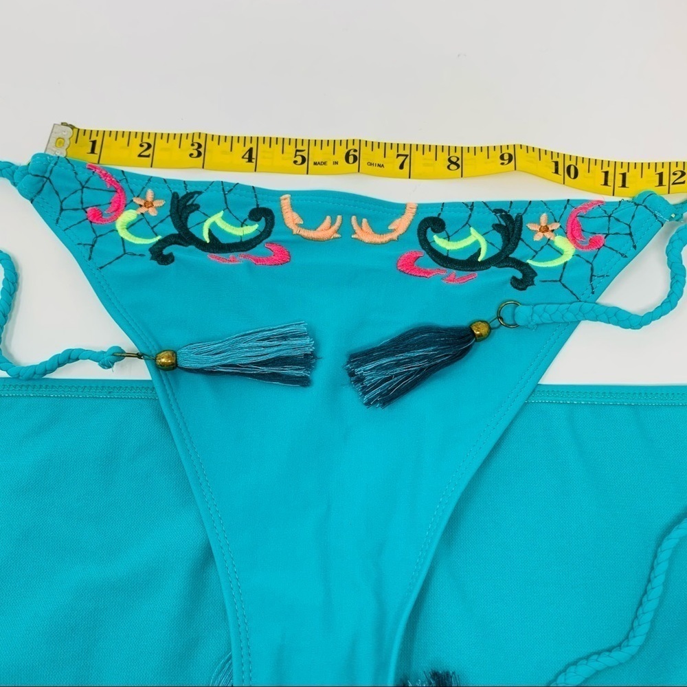 Bohemian Teal Turquoise Floral Embroidered Two Piece Bikini Swim Suit Size Small - Picture 13 of 16